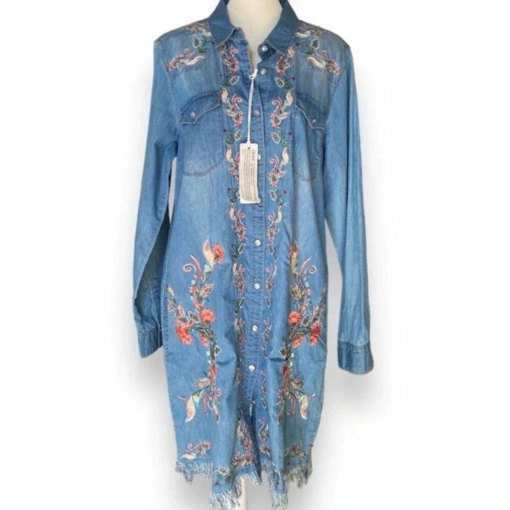 Grace in LA Light Blue Embroidered Denim Long Sleeve Shirt Dress M